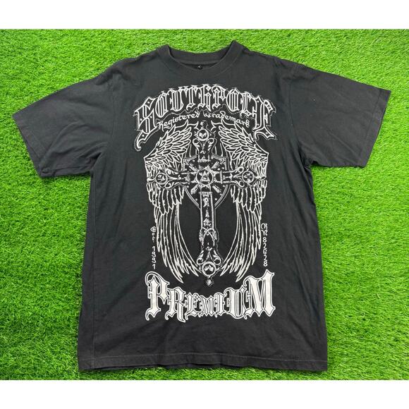 Southpole Premium Graphic T-Shirt Mens L Black Winged Cross Gothic Streetwear - Picture 1 of 7